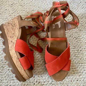 Sorel Joanie lace-up ankle tie wedge sandal in signal red, women's size 6.5